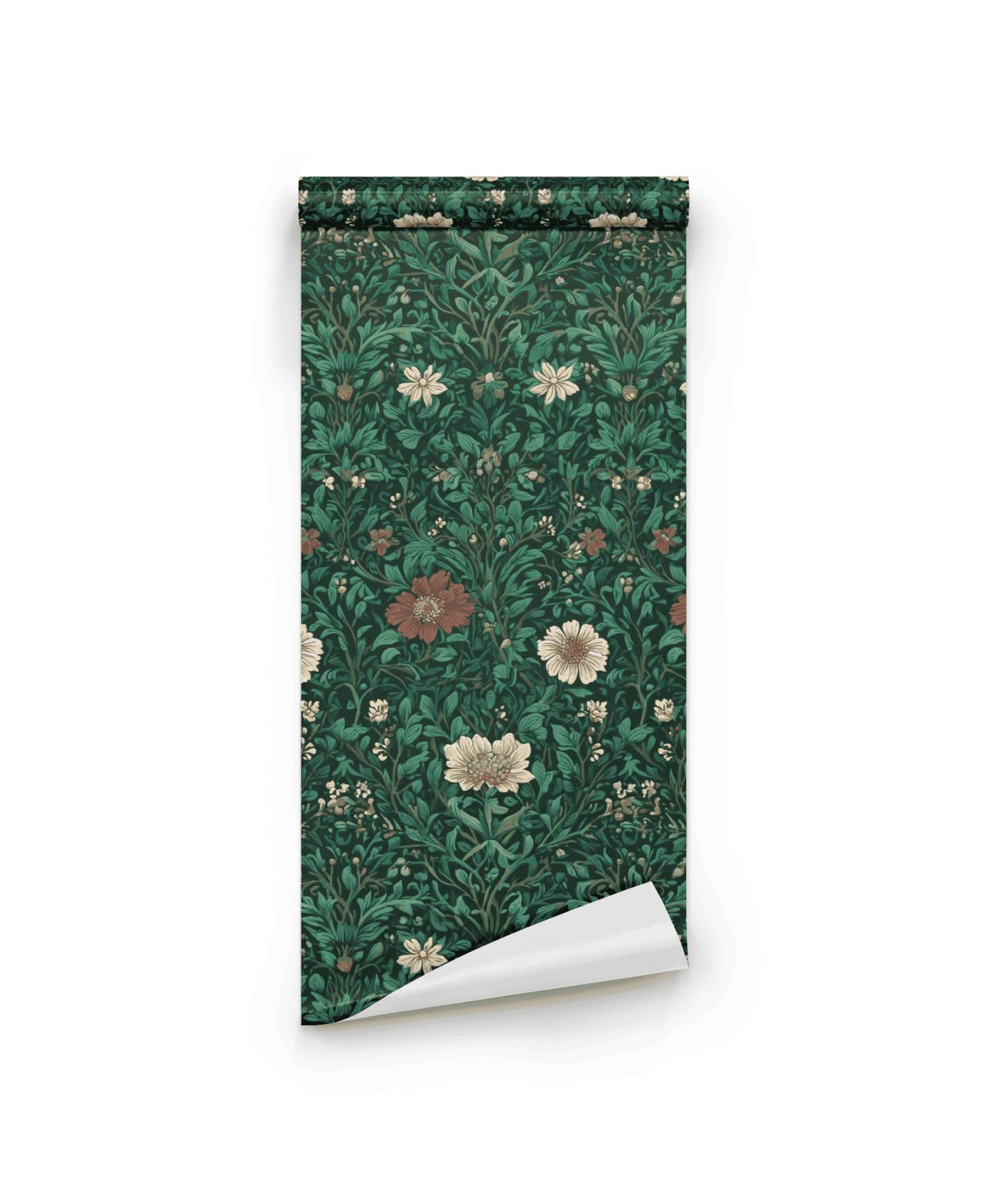 Eden Flora Wallpaper features a deep green background with cream, white, and red floral designs plus green leaves, adding timeless elegance to any space.