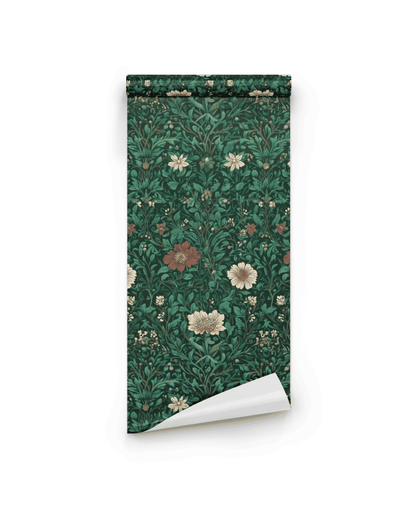 Eden Flora Wallpaper features a deep green background with cream, white, and red floral designs plus green leaves, adding timeless elegance to any space.