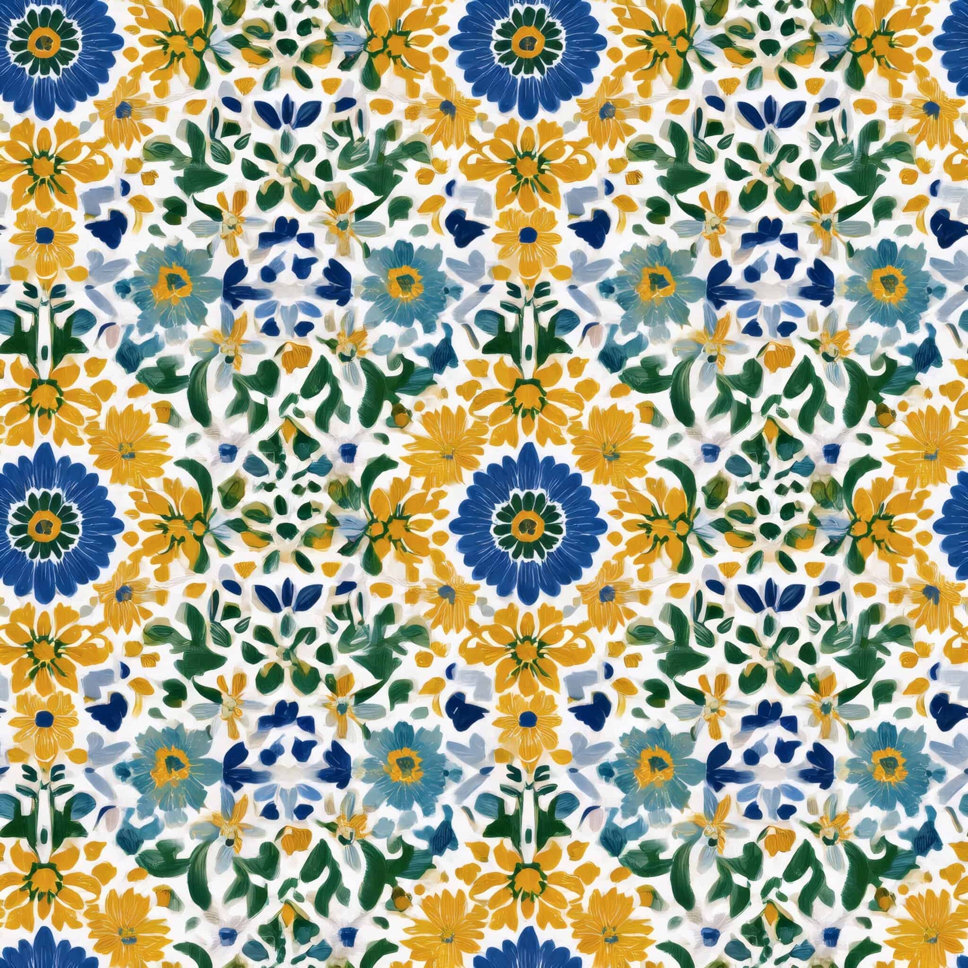 Floral wallpaper pattern with blue and golden flowers on a white background.