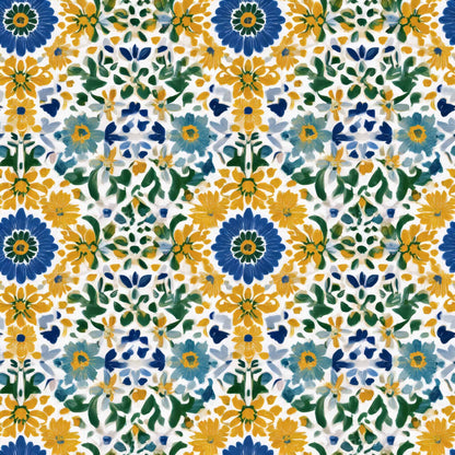 Floral wallpaper pattern with blue and golden flowers on a white background.