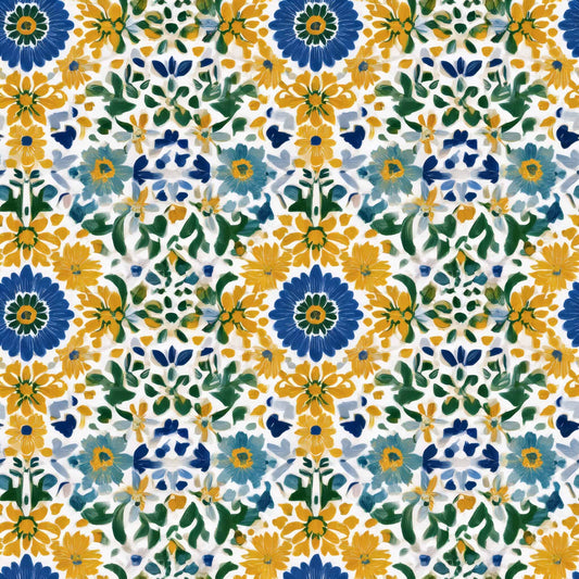 Floral wallpaper pattern with blue and golden flowers on a white background.