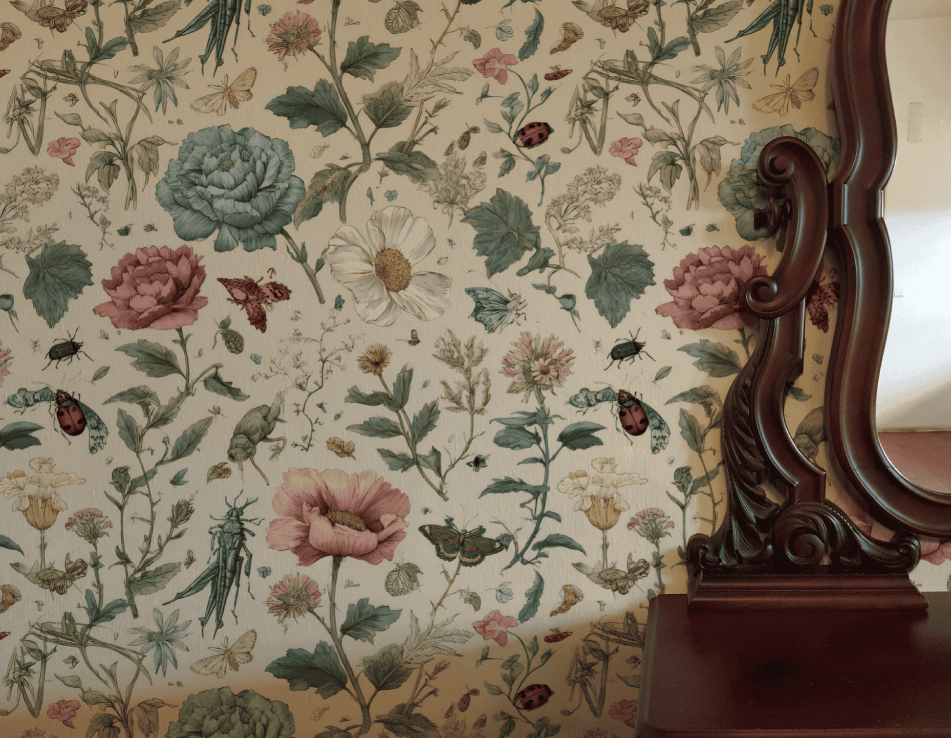 Garden Reverie Wallpaper, featuring flowers, leaves, insects, and butterflies, creates a garden escape beside a dark wood-framed mirror above a wooden shelf.