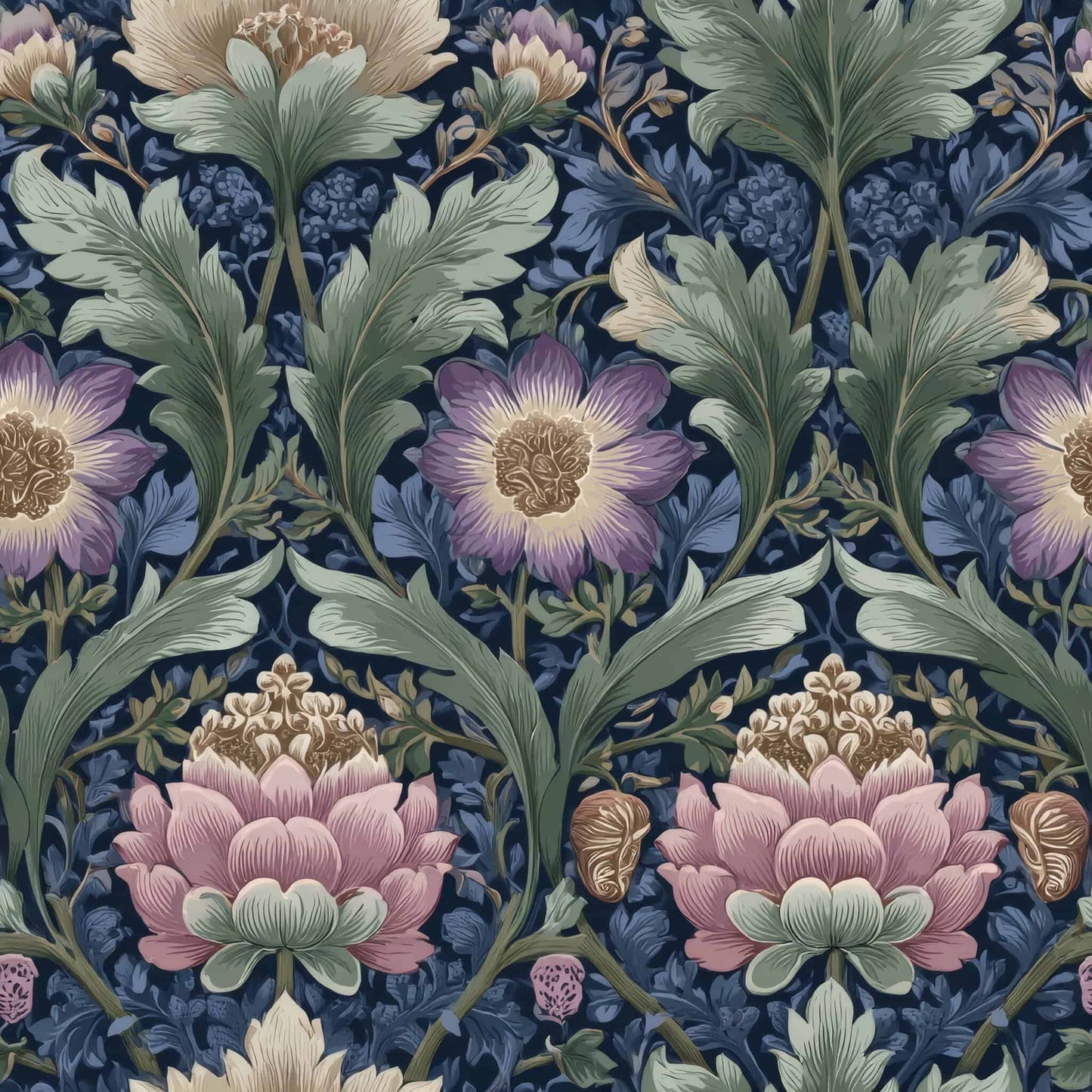 Intricate floral wallpaper with green, purple, and pink hues on a dark background.