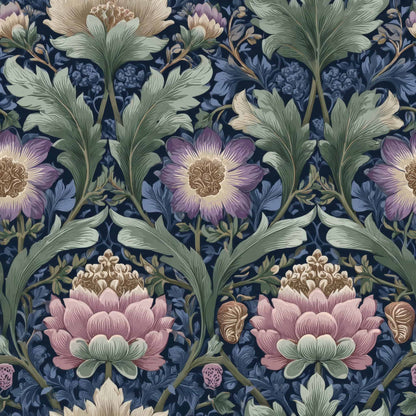 Intricate floral wallpaper with green, purple, and pink hues on a dark background.