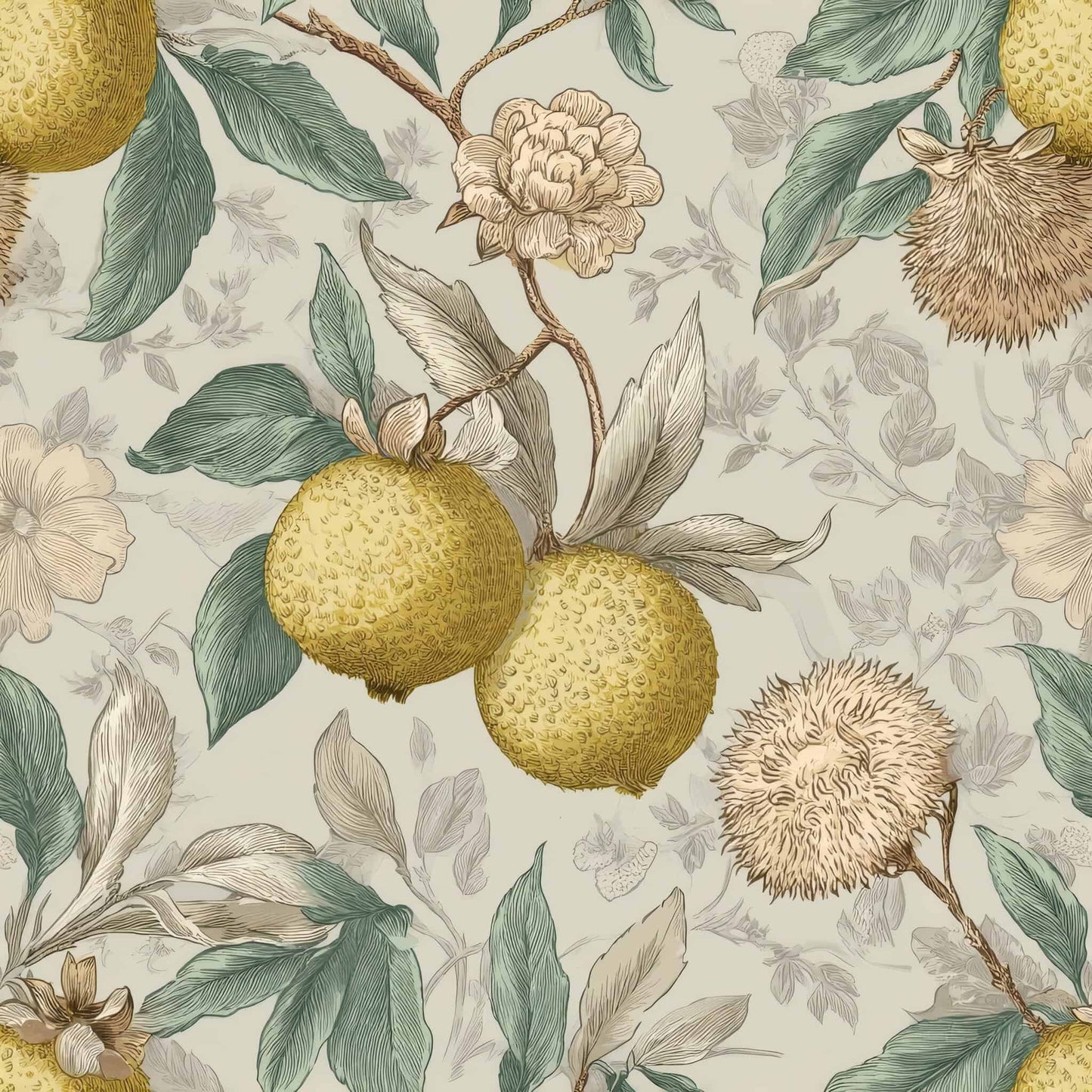 Botanical wallpaper pattern with detailed citrus fruits and foliage in muted green and yellow tones.