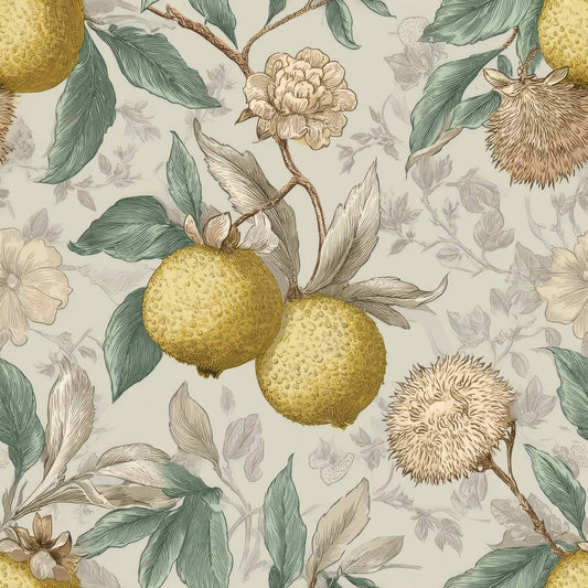 Botanical wallpaper pattern with detailed citrus fruits and foliage in muted green and yellow tones.