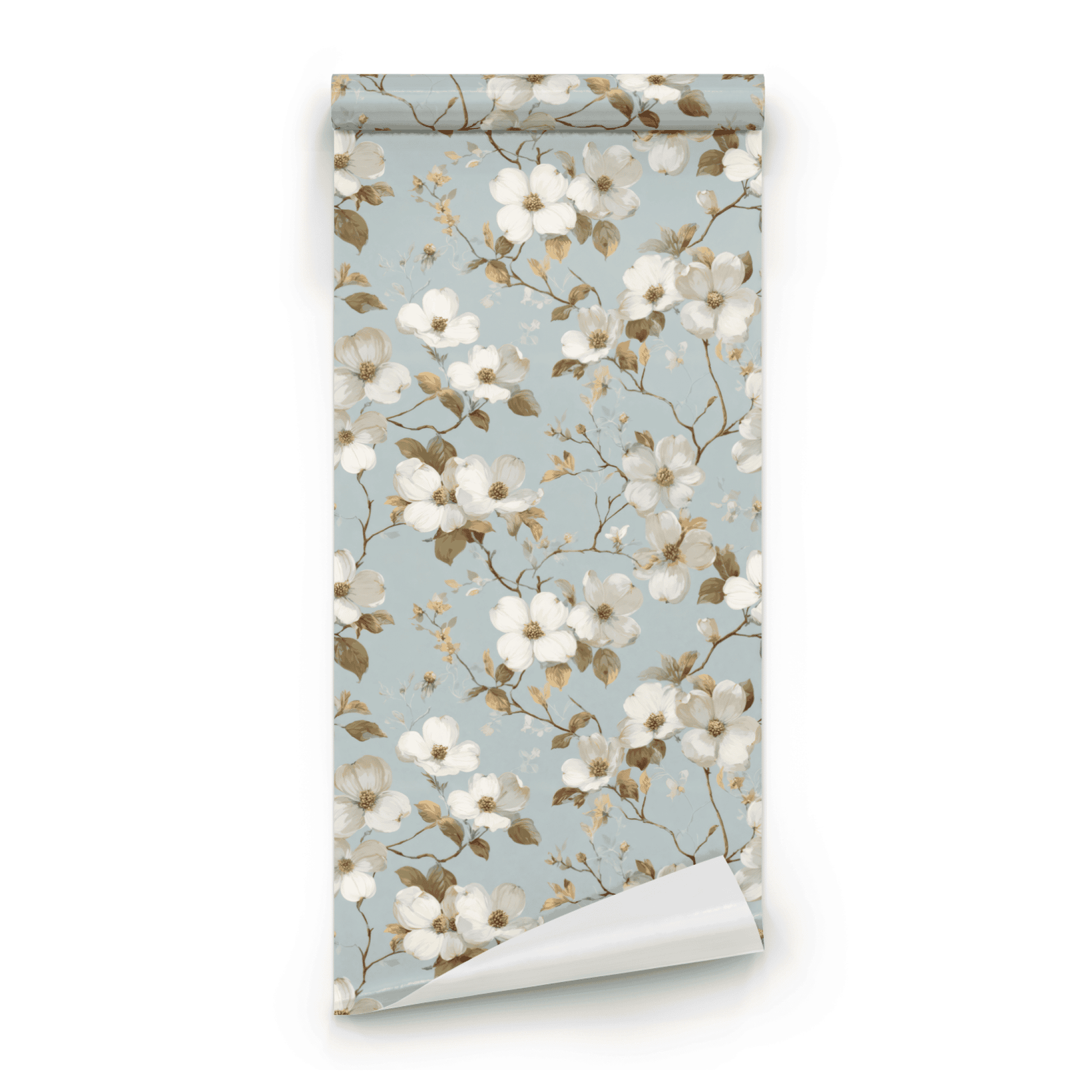 Creamy Dogwood | Blue Floral Wallpaper - Roll Preview