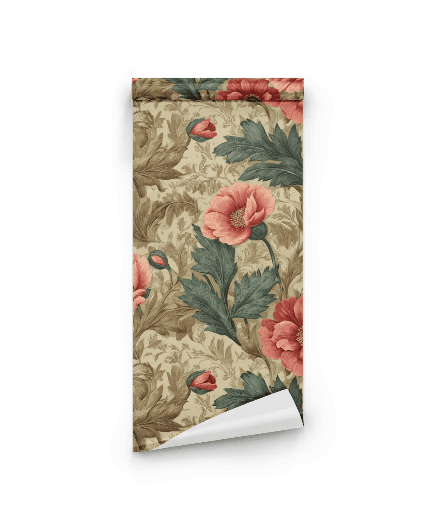 Peony Reverie Wallpaper: Romantic vintage floral design with large red and pink peonies, green leaves, and a beige background.