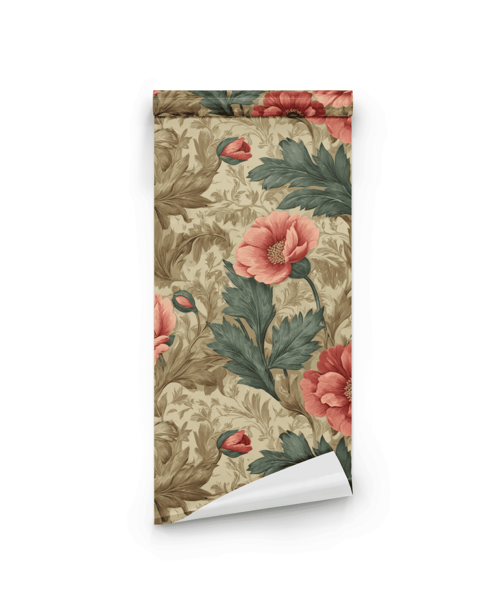 Peony Reverie Wallpaper: Romantic vintage floral design with large red and pink peonies, green leaves, and a beige background.