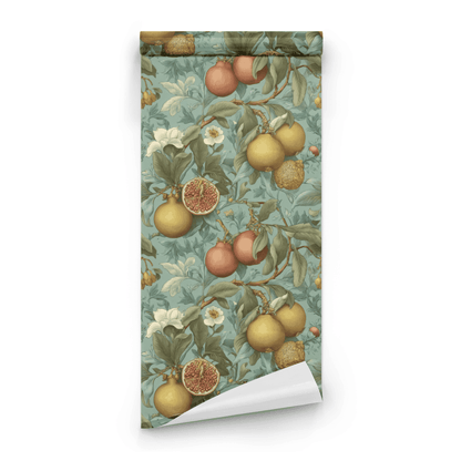 Green Botanical Wallpaper roll preview showing the citrus fruit drawing in close mottled green detail