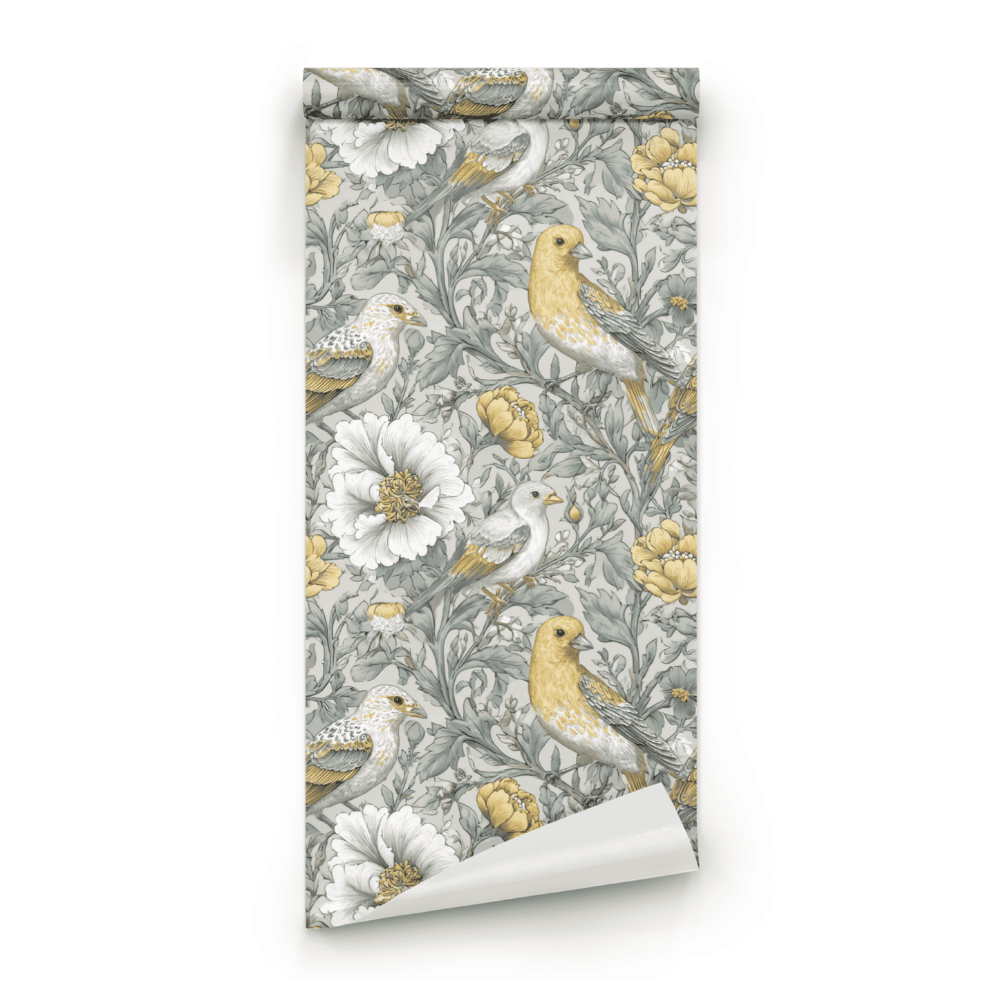 Green Floral Wallpaper roll close-up showing the songbird-and-floral drawing in close silver-and-green chinoiserie detail