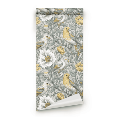 Green Floral Wallpaper roll close-up showing the songbird-and-floral drawing in close silver-and-green chinoiserie detail