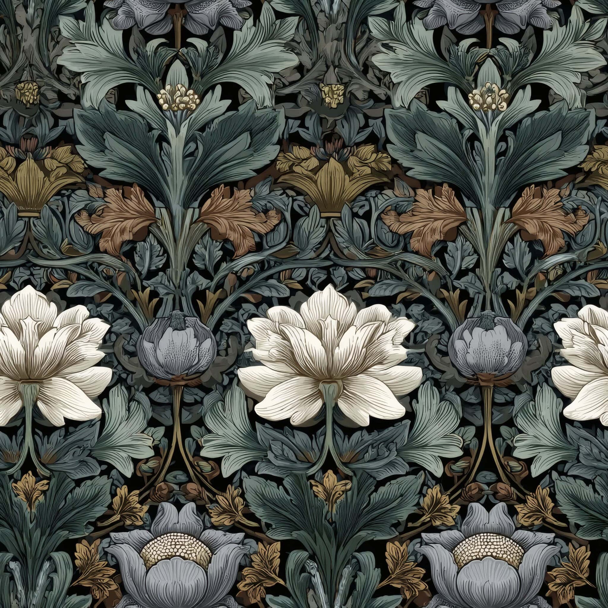 Intricate vintage floral wallpaper with white, gold, and grey blooms on a dark background.
