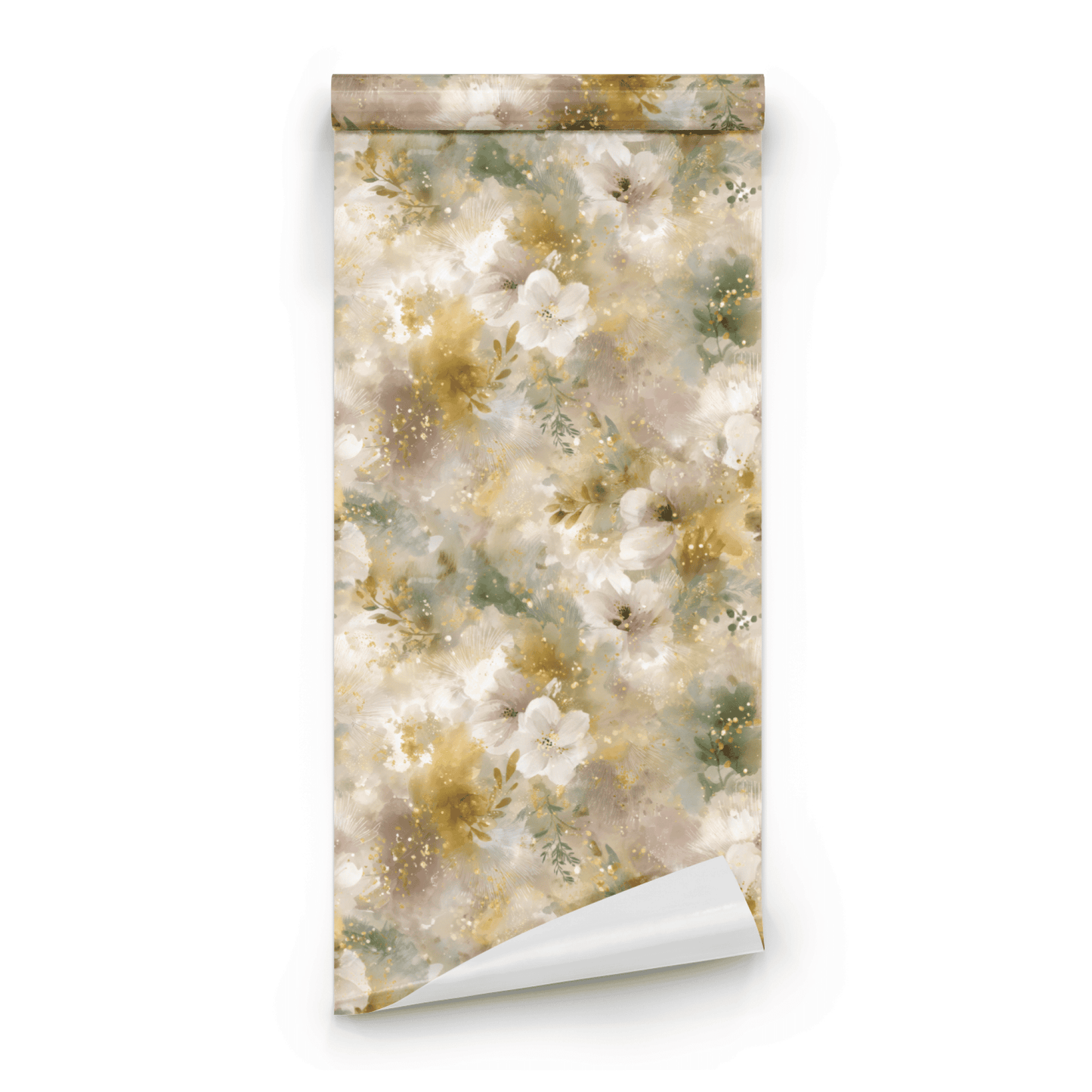 Neutral Floral Wallpaper roll preview showing the watercolor floral drawing in glimmering ivory close-up detail