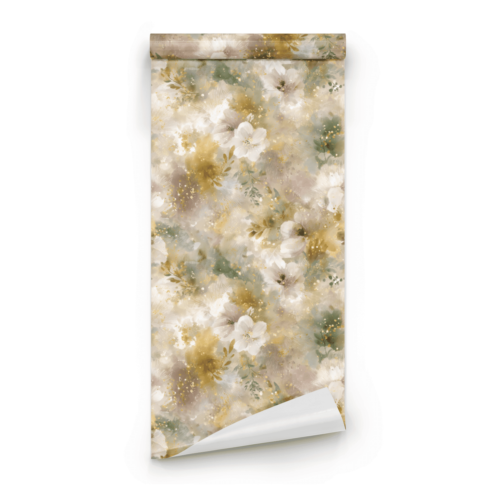 Neutral Floral Wallpaper roll preview showing the watercolor floral drawing in glimmering ivory close-up detail