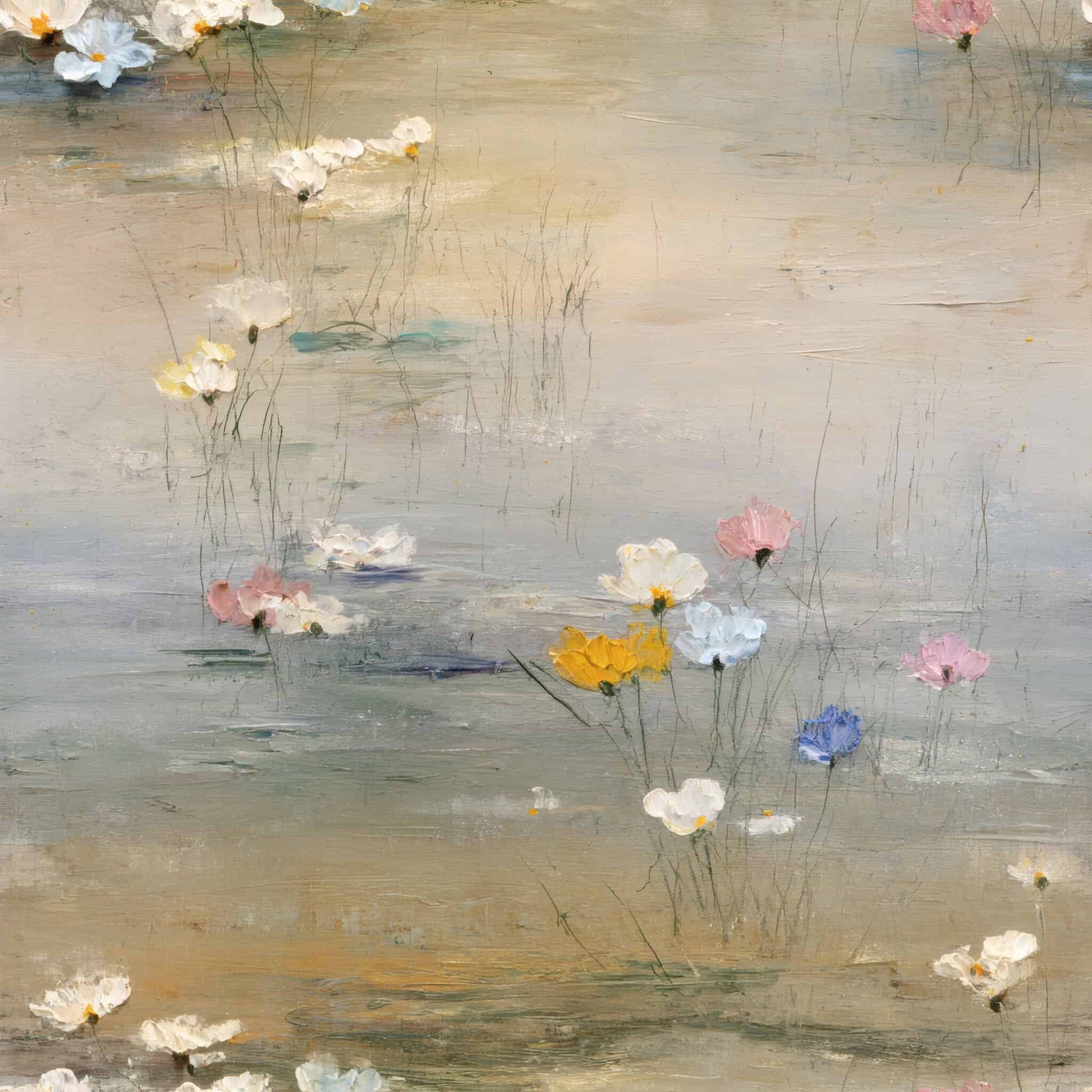 Wallpaper with soft, pastel flowers in whites, yellows, pinks, and blues on a textured background.
