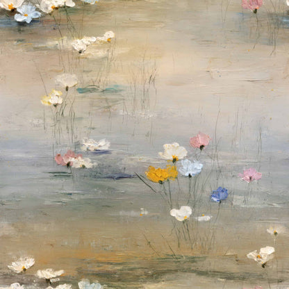 Wallpaper with soft, pastel flowers in whites, yellows, pinks, and blues on a textured background.