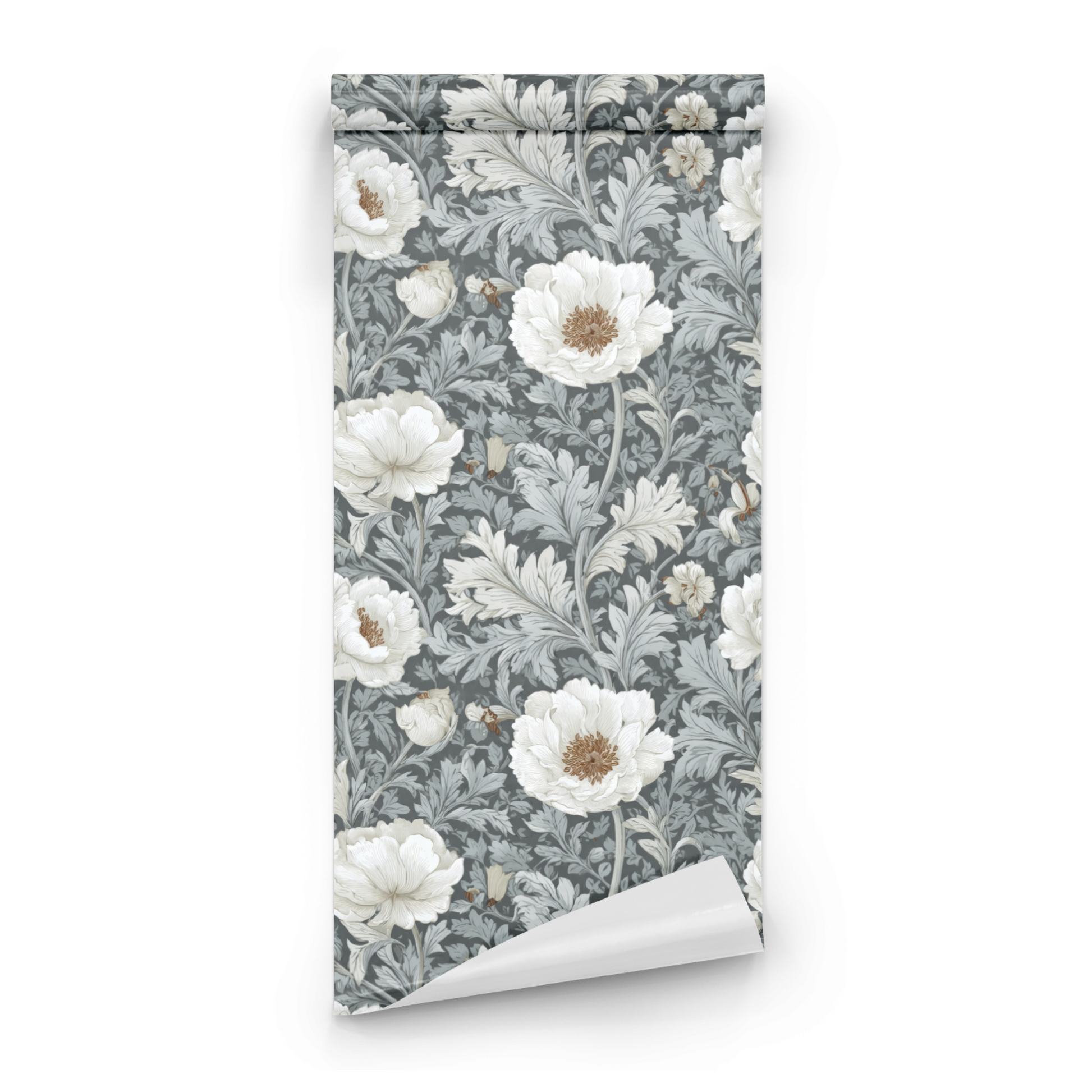 Green Floral Wallpaper roll preview showing the opulent botanical drawing in close green-and-sepia Arts and Crafts detail