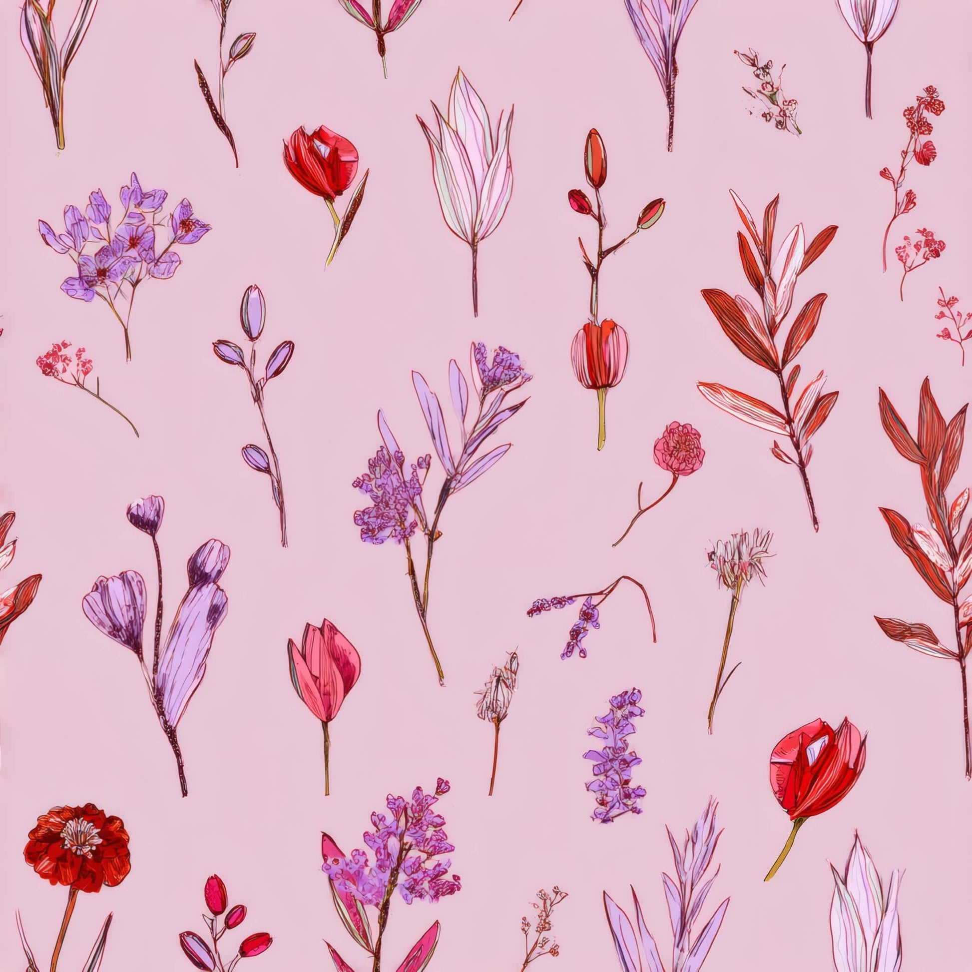 Wallpaper with delicate floral motifs in red, purple, and pink on a soft pink background.