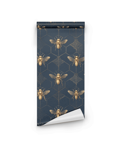 Golden Hive Wallpaper features a navy background with a repeating pattern of golden bees and honeycombs, creating a luxurious look.