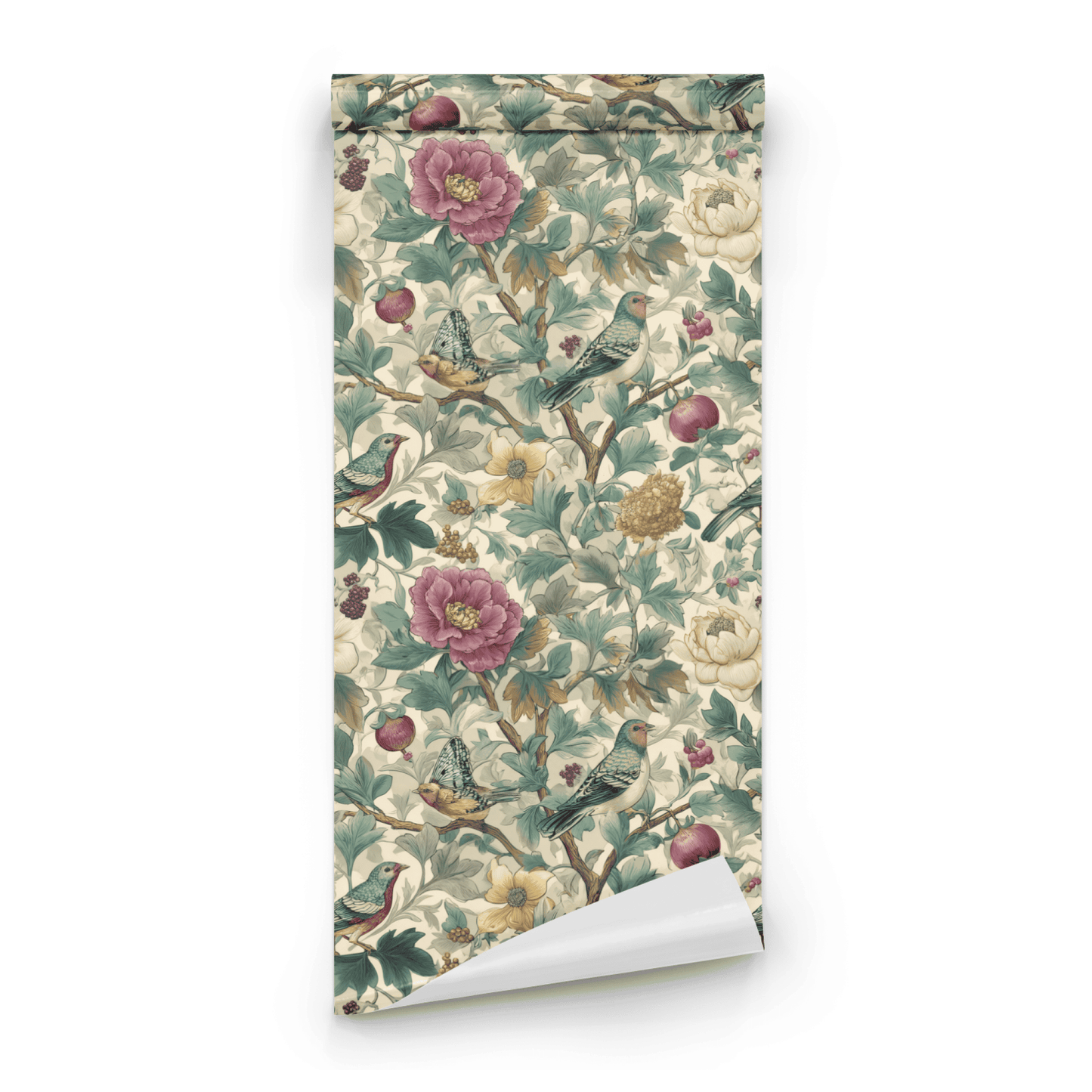 Cream Floral Wallpaper roll close-up showing the bird-and-floral drawing in close pastel cream chinoiserie detail