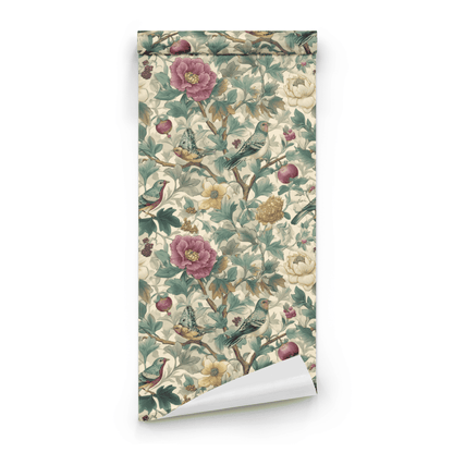 Cream Floral Wallpaper roll close-up showing the bird-and-floral drawing in close pastel cream chinoiserie detail