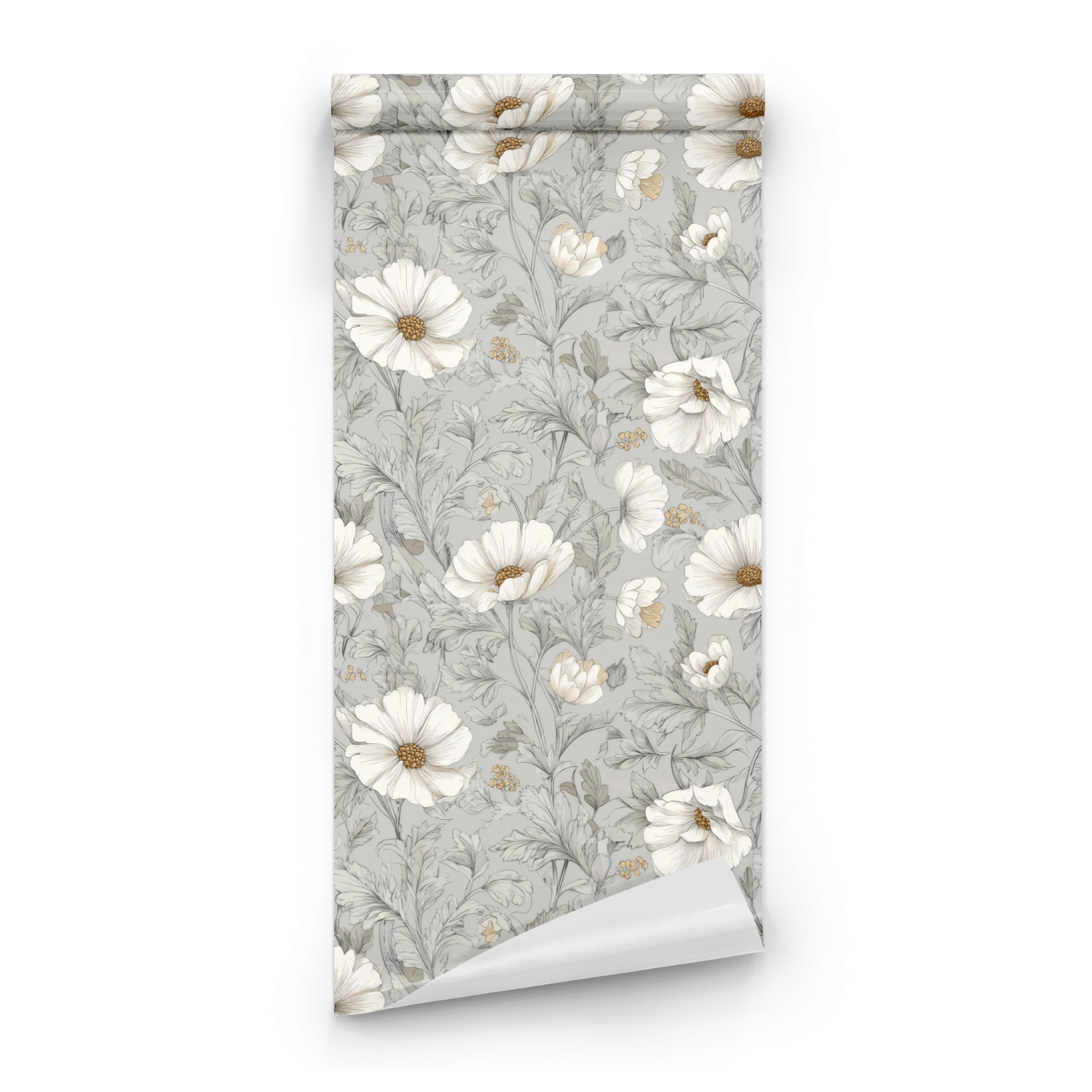 Grey Floral Wallpaper roll close-up showing the daisy florals and the deep charcoal Arts and Crafts ground in fine detail