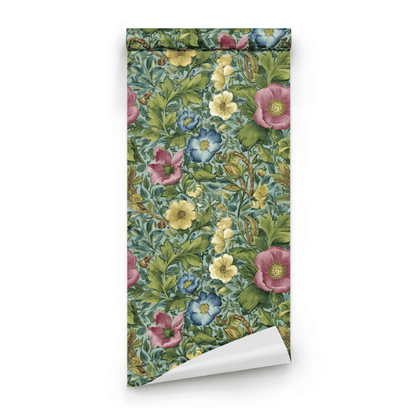 Green Floral Wallpaper roll close-up showing the rosaline drawing in close verdant green Arts and Crafts detail