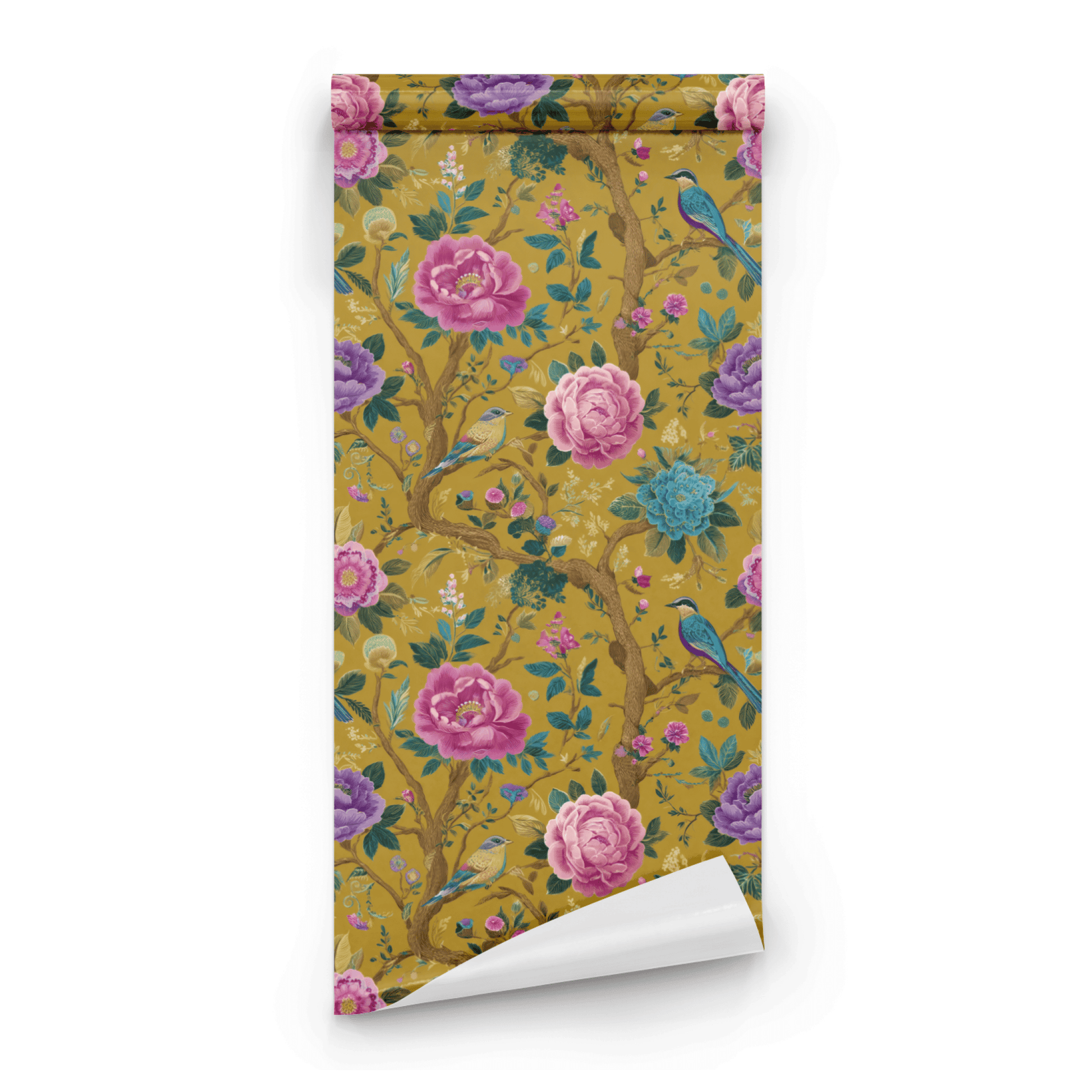 Neutral Floral Wallpaper roll close-up showing the chinoiserie songbird and moody floral drawing on neutral Arts and Crafts ground