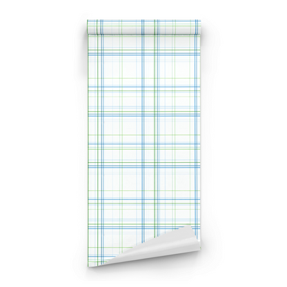 White Geometric Wallpaper roll preview showing the grid plaid geometric drawing in close white modernist detail