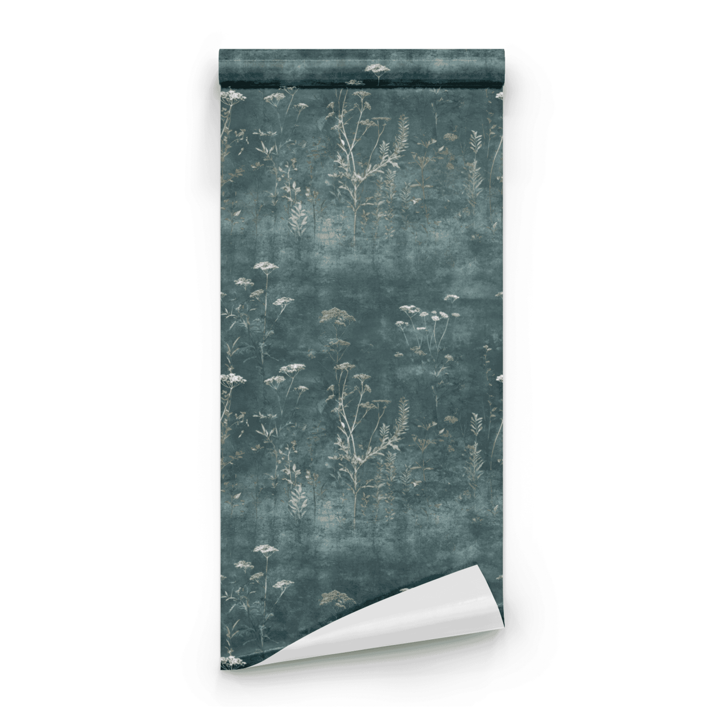 Green Botanical Wallpaper roll preview showing the dark botanical drawing and the distressed green texture in fine detail