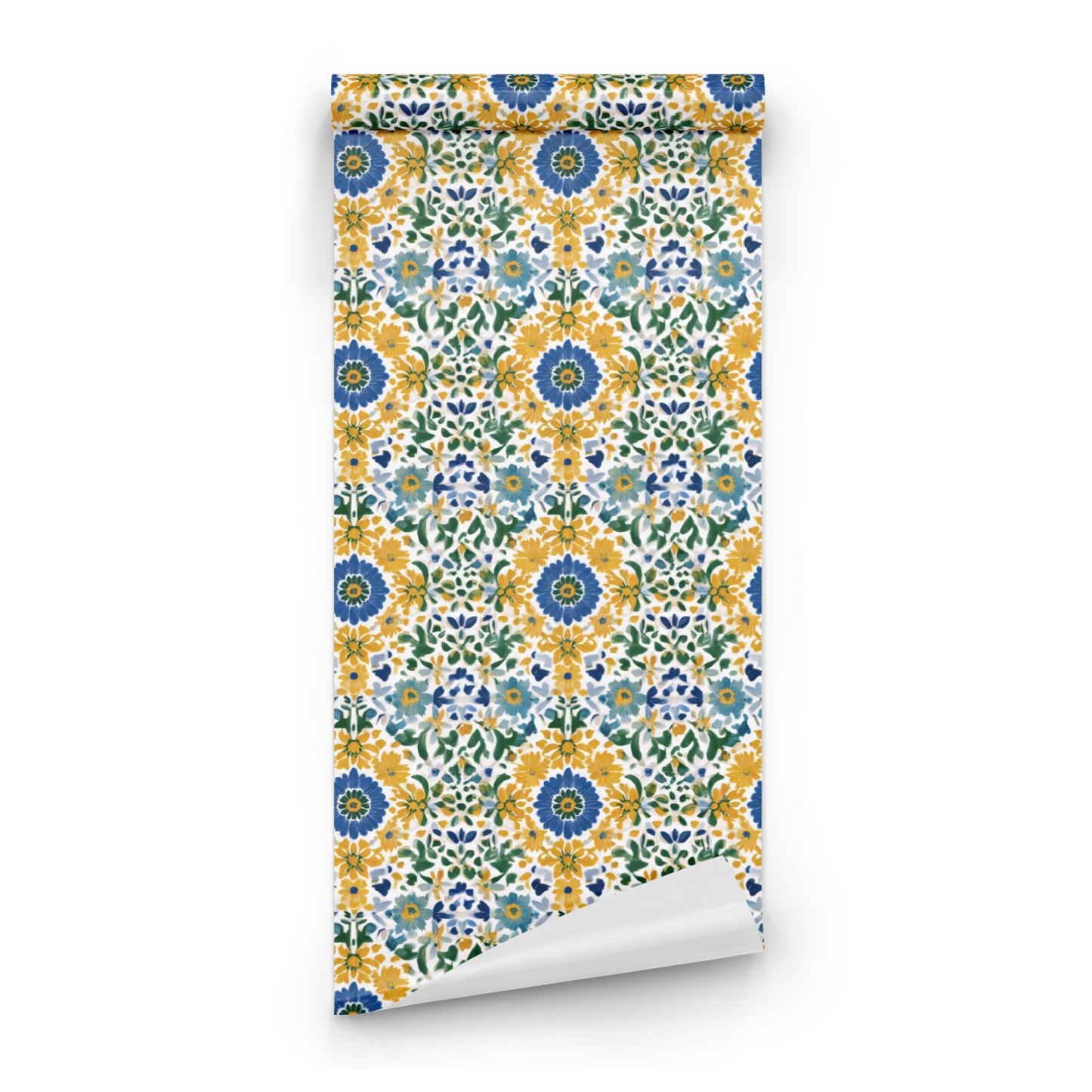 Multicolored Floral Wallpaper roll preview showing the watercolor daisy drawing and the multicolor brushstrokes in close painterly detail