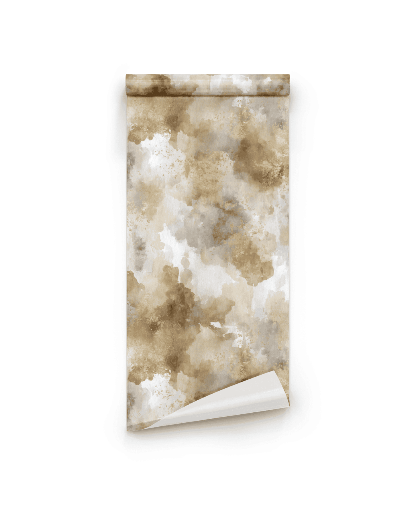 The Sienna Drift Wallpaper features a rolled sheet in beige and brown watercolor patterns, with an organic feel that brings earthy tones and a natural ambiance to any space.