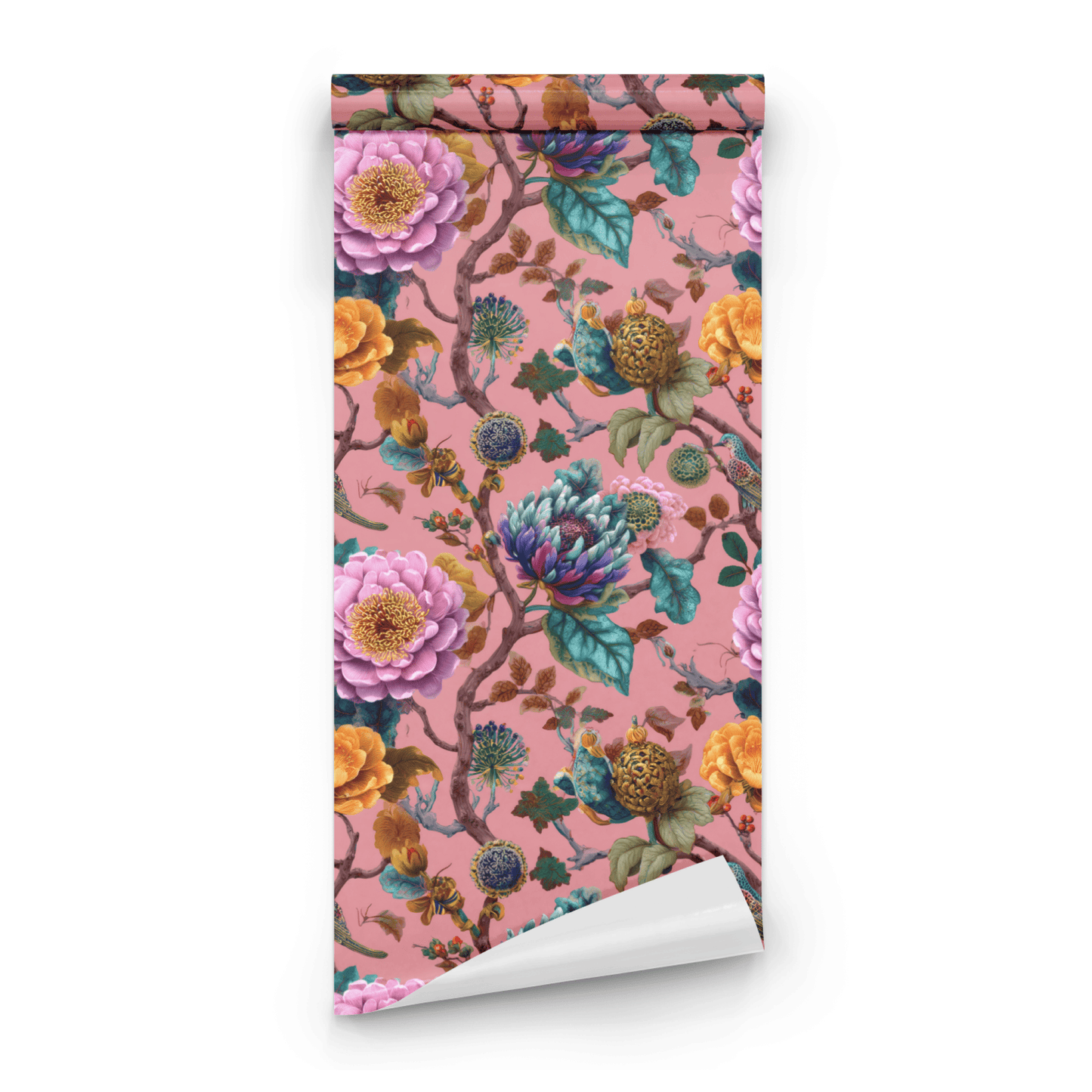 Pink Floral Wallpaper roll close-up showing the moody floral drawing with pink accents in close dark botanical detail