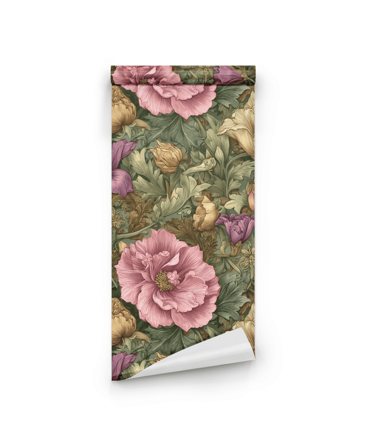 Petal Whimsy Wallpaper features a romantic floral design with large pink, yellow, and purple flowers and green leaves set against a light background.