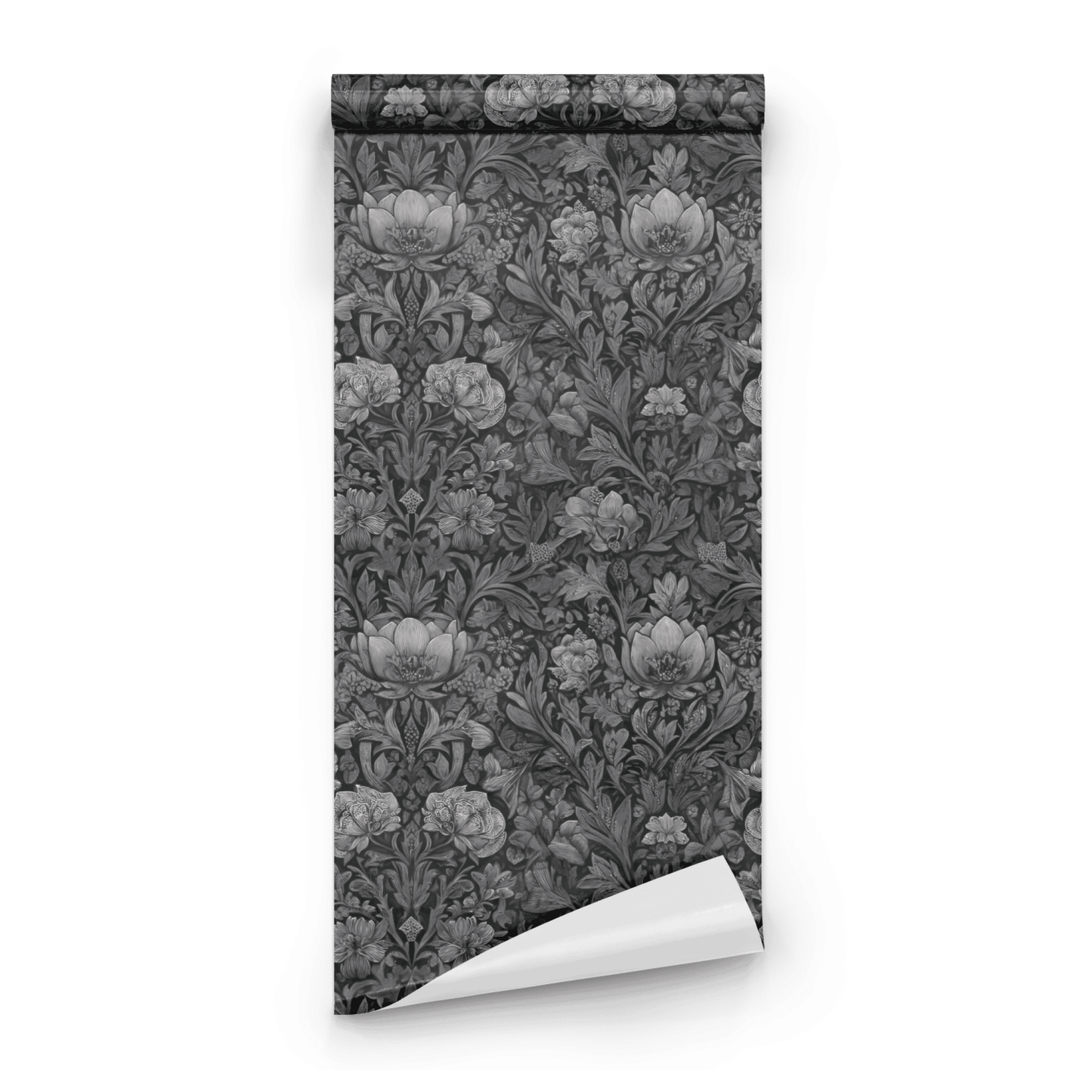 Grey Floral Wallpaper roll preview showing the anemone floral drawing on grey moody Victorian ground in close detail
