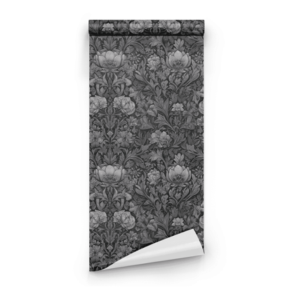 Grey Floral Wallpaper roll preview showing the anemone floral drawing on grey moody Victorian ground in close detail