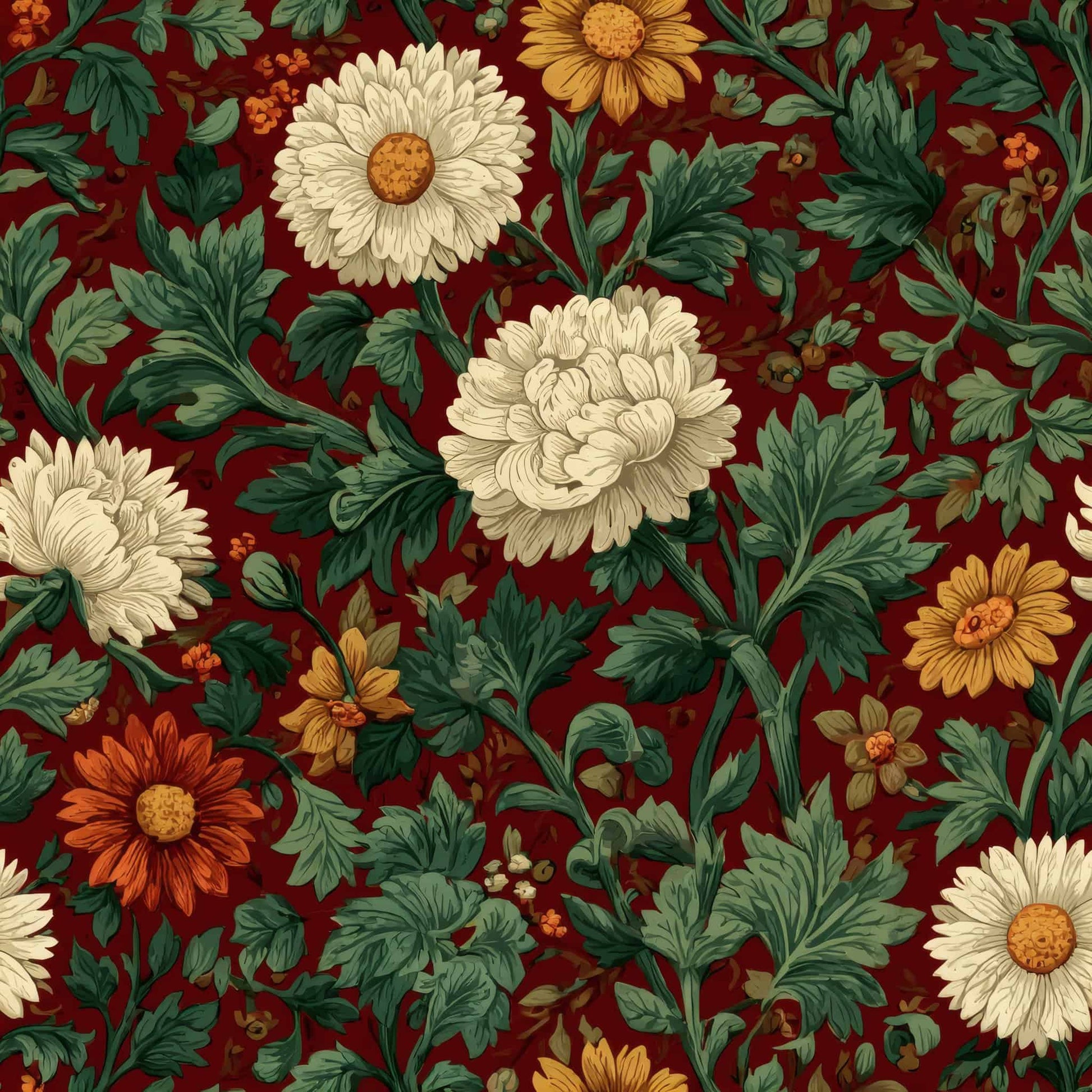 Floral wallpaper with green leaves and flowers in red, white, orange, and yellow on a crimson background.