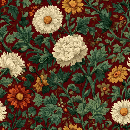 Floral wallpaper with green leaves and flowers in red, white, orange, and yellow on a crimson background.
