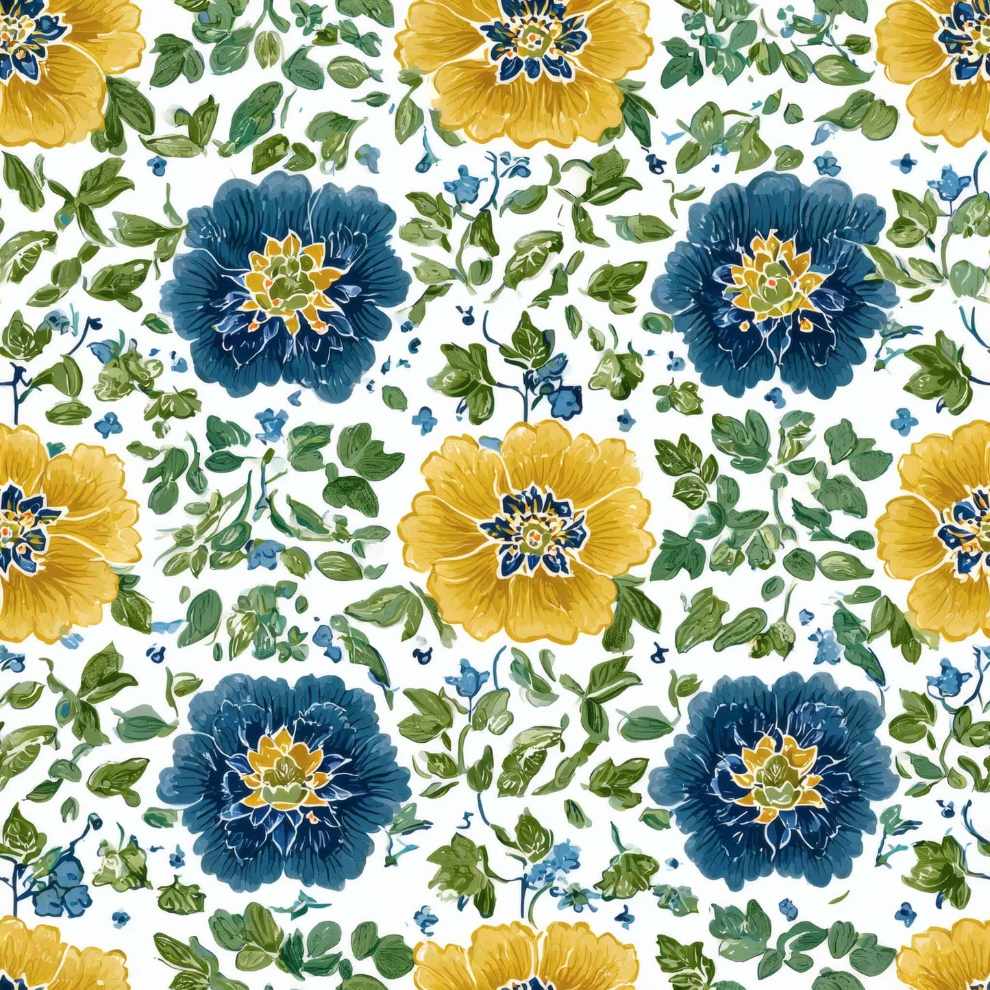 Wallpaper with blue and yellow flowers and green leaves on a white background.
