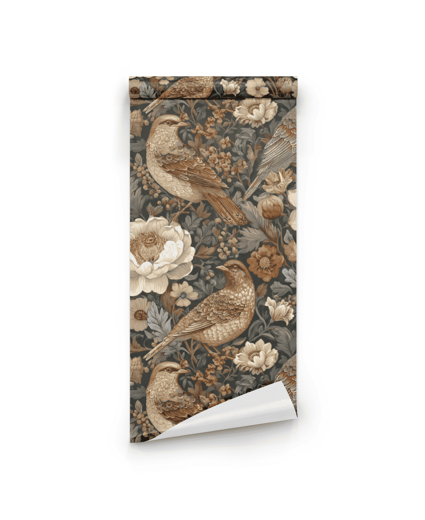 Whispering Meadow Wallpaper is a rolled sheet featuring vintage-style birds and flowers in muted brown and beige, bringing timeless tranquility with its earthy tones.