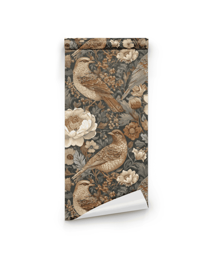 Whispering Meadow Wallpaper is a rolled sheet featuring vintage-style birds and flowers in muted brown and beige, bringing timeless tranquility with its earthy tones.