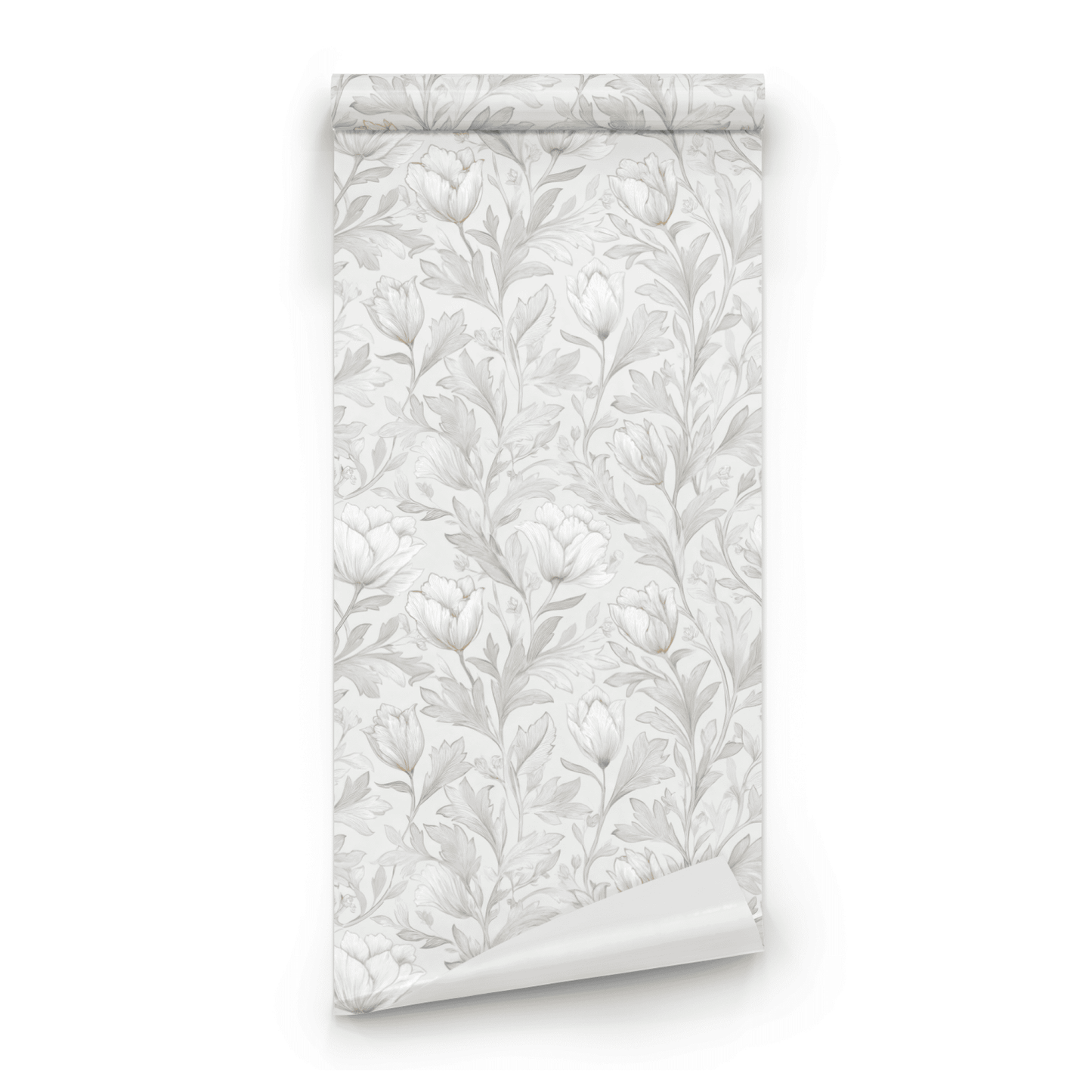 Cream Floral Wallpaper roll preview showing the tulip drawing in close cream-and-platinum Arts and Crafts detail