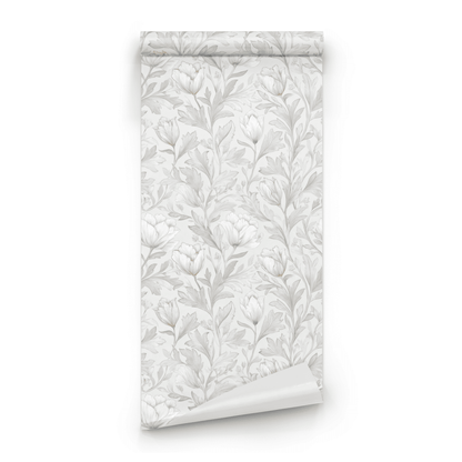 Cream Floral Wallpaper roll preview showing the tulip drawing in close cream-and-platinum Arts and Crafts detail