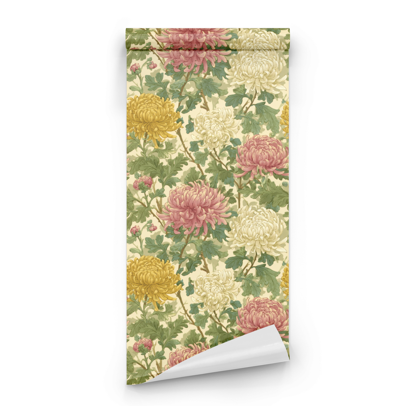 Cream Floral Wallpaper roll preview showing the chrysanthemum drawing in cream moody Victorian detail