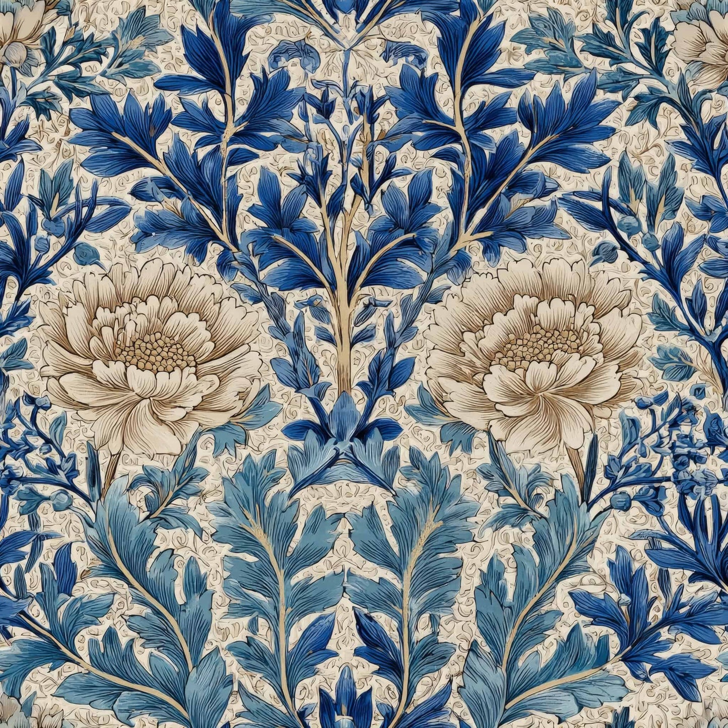 A wallpaper featuring intricate blue and cream floral patterns with lush foliage.