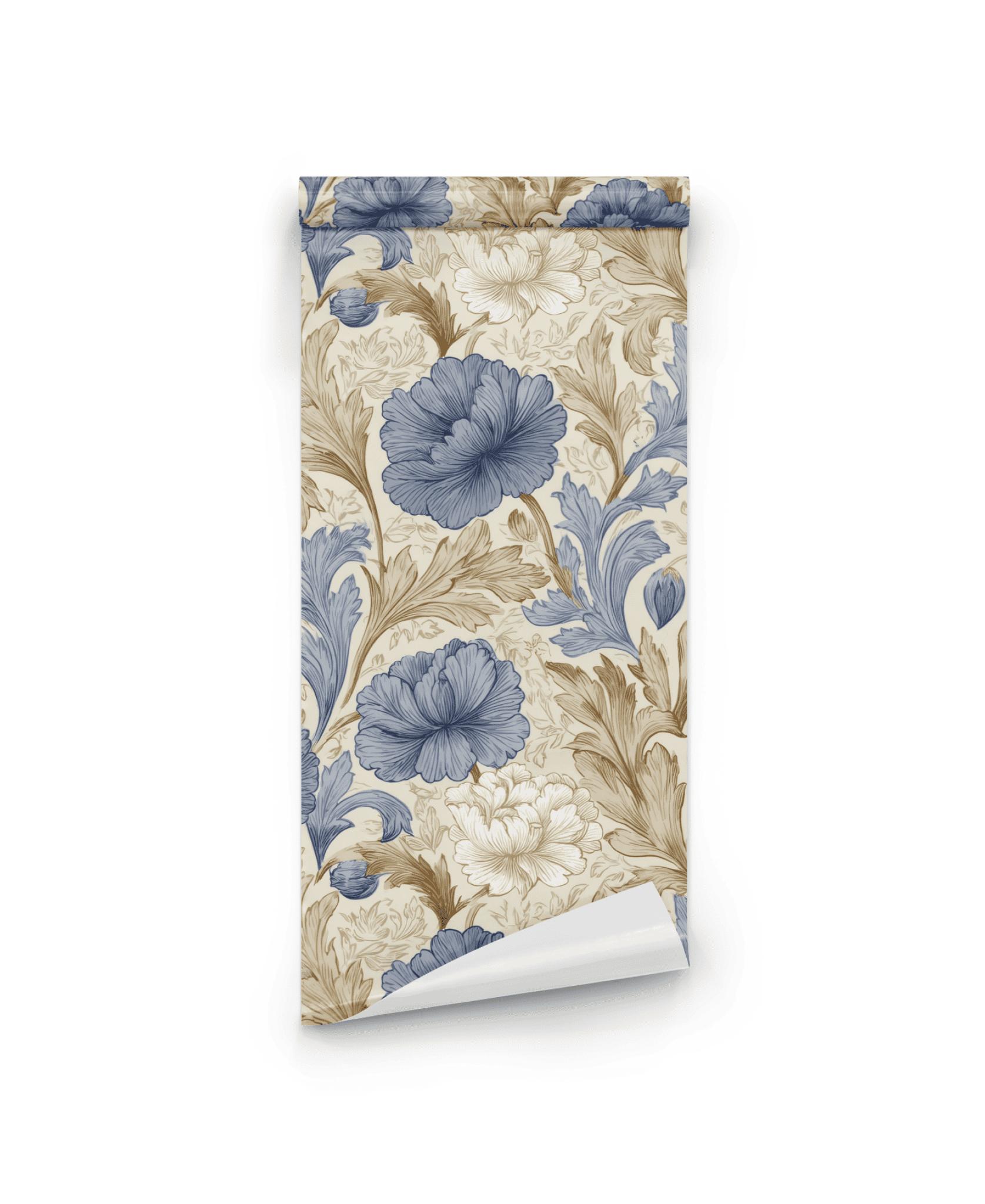 The Cassandra Bloom Wallpaper features vintage blue and beige florals with cream accents on a white background, perfect for adding timeless charm to any room.
