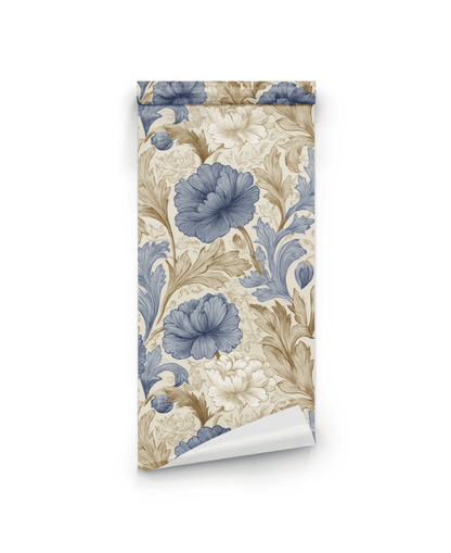 The Cassandra Bloom Wallpaper features vintage blue and beige florals with cream accents on a white background, perfect for adding timeless charm to any room.