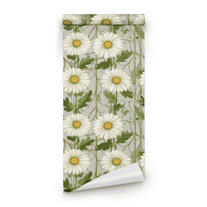 Grey Floral Wallpaper roll close-up showing the petal drawing in soft grey-and-ivory Arts and Crafts detail