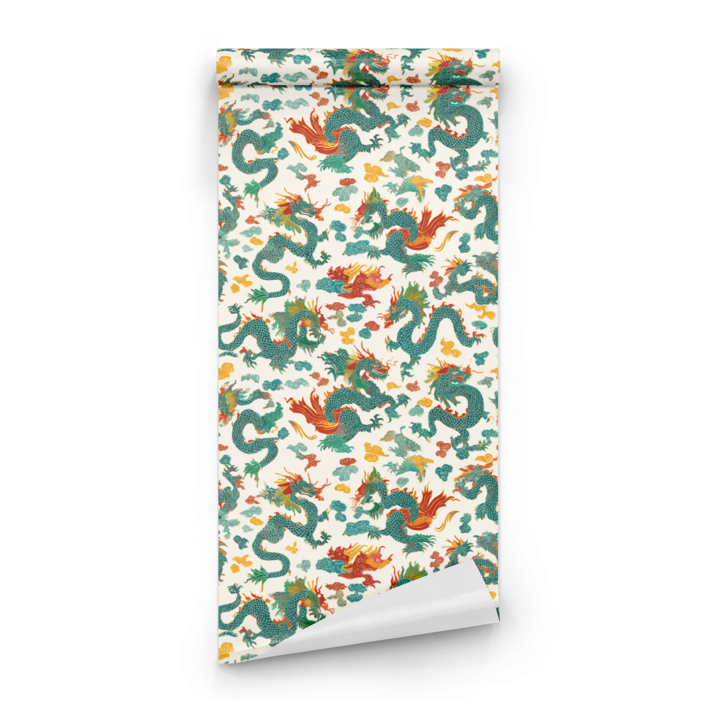 Jade Dynasty wallpaper with chinoiserie florals in cream and jade green, shown as a wallpaper roll close-up revealing the printed detail
